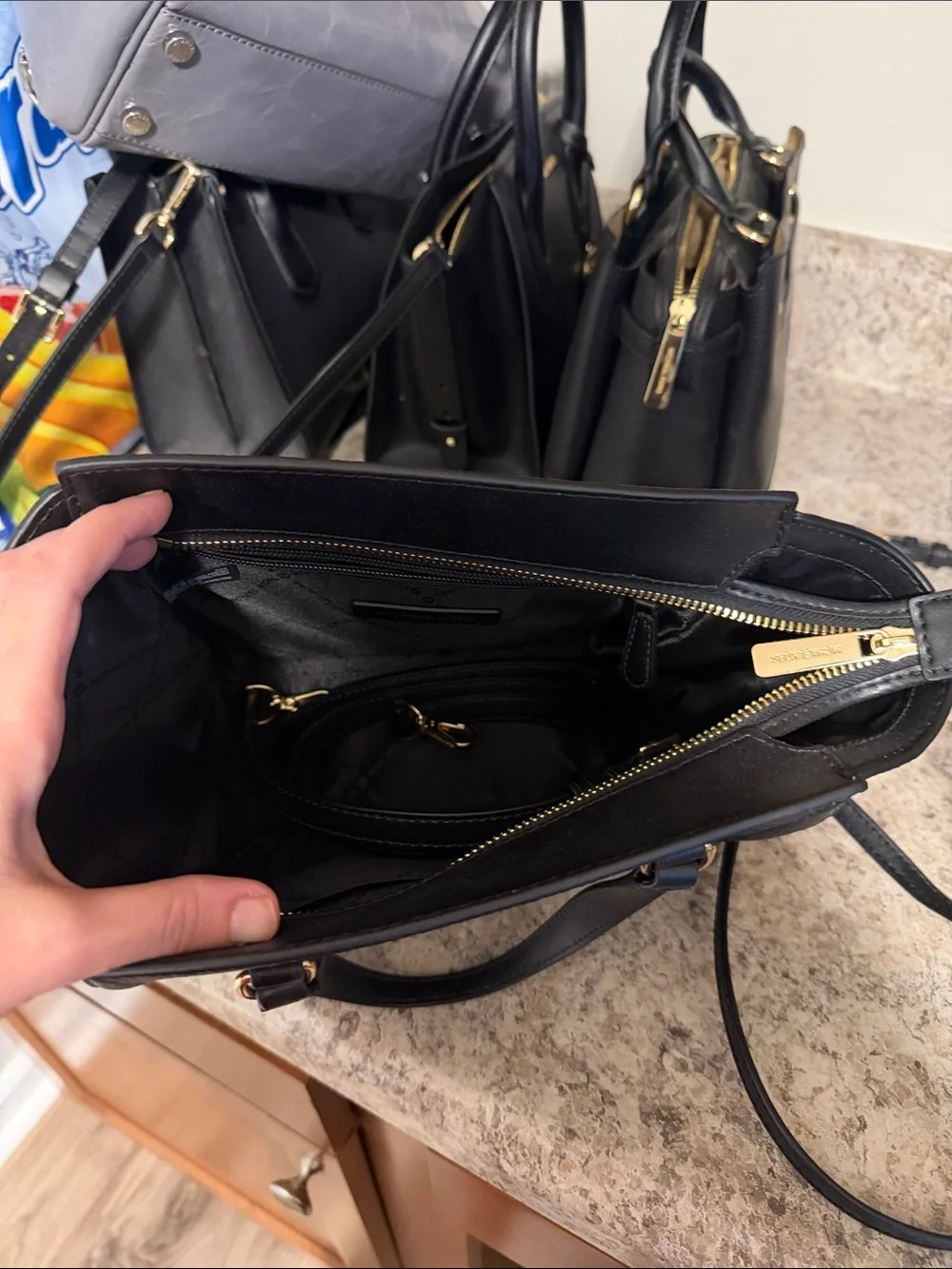 Michael Kors Black Pebbled Leather Top-Handle Satchel with Gold Accent